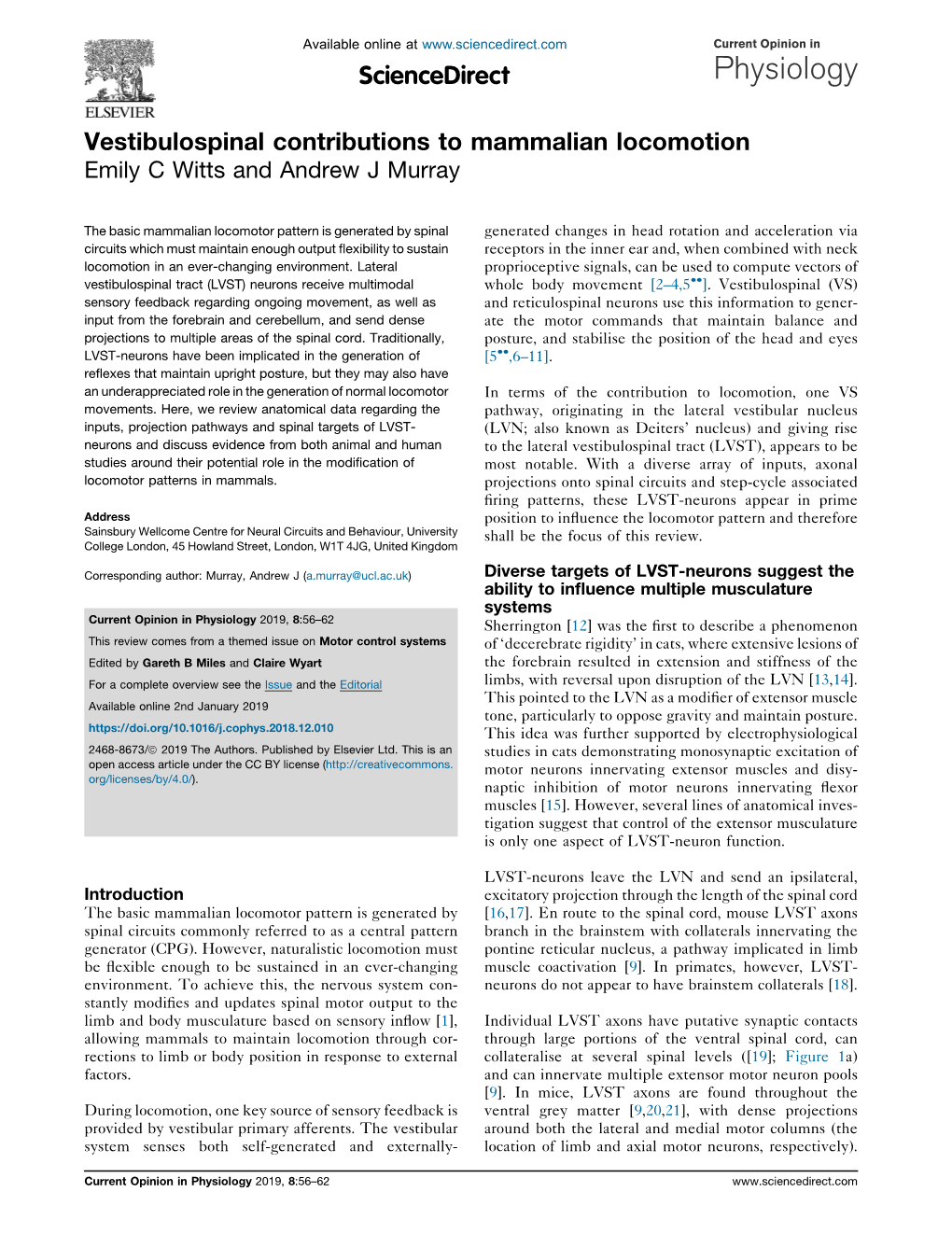 Vestibulospinal Contributions to Mammalian Locomotion