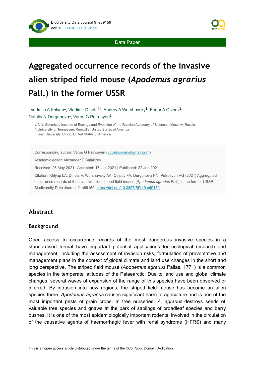 Aggregated Occurrence Records of the Invasive Alien Striped Field Mouse (Apodemus Agrarius Pall.) in the Former USSR