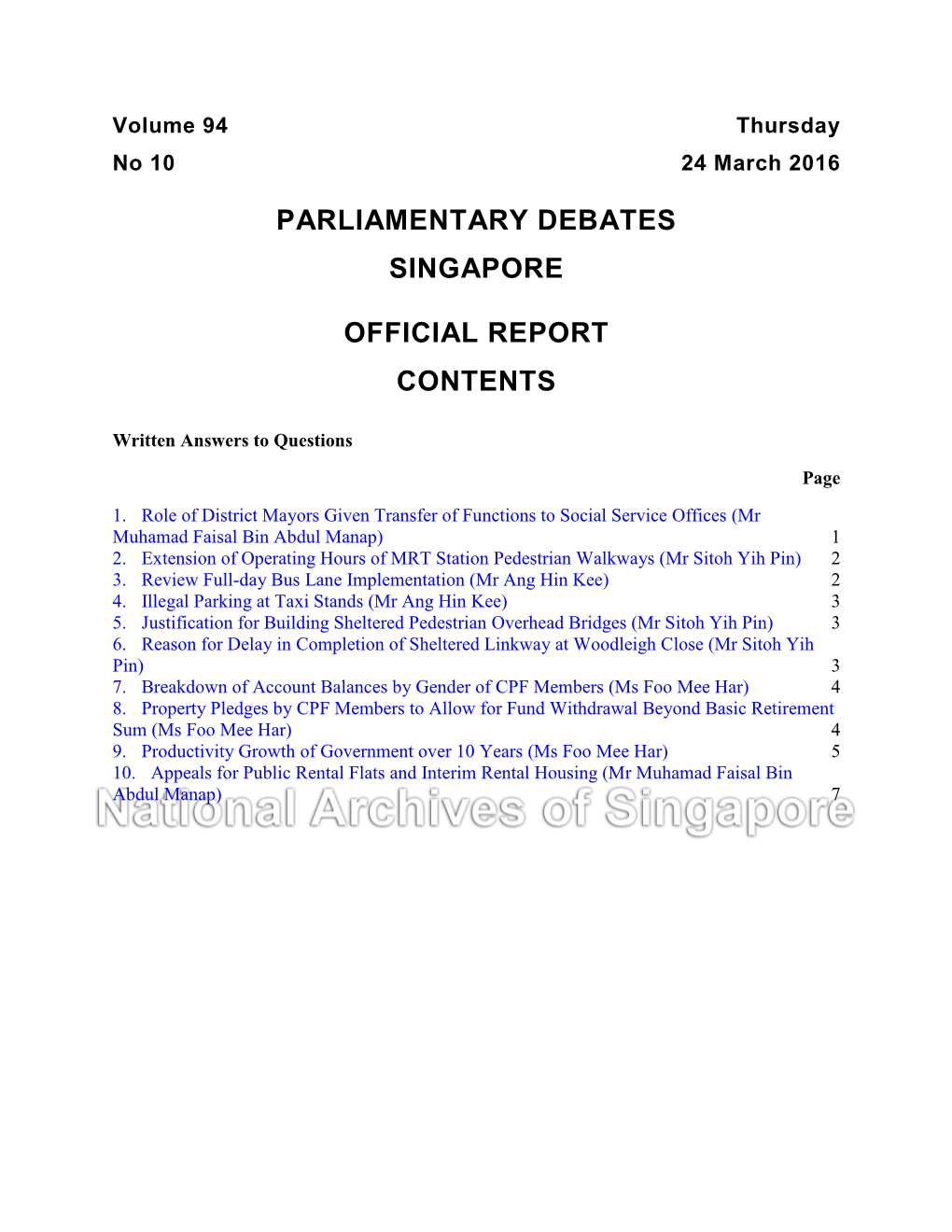 Parliamentary Debates Singapore Official Report Contents