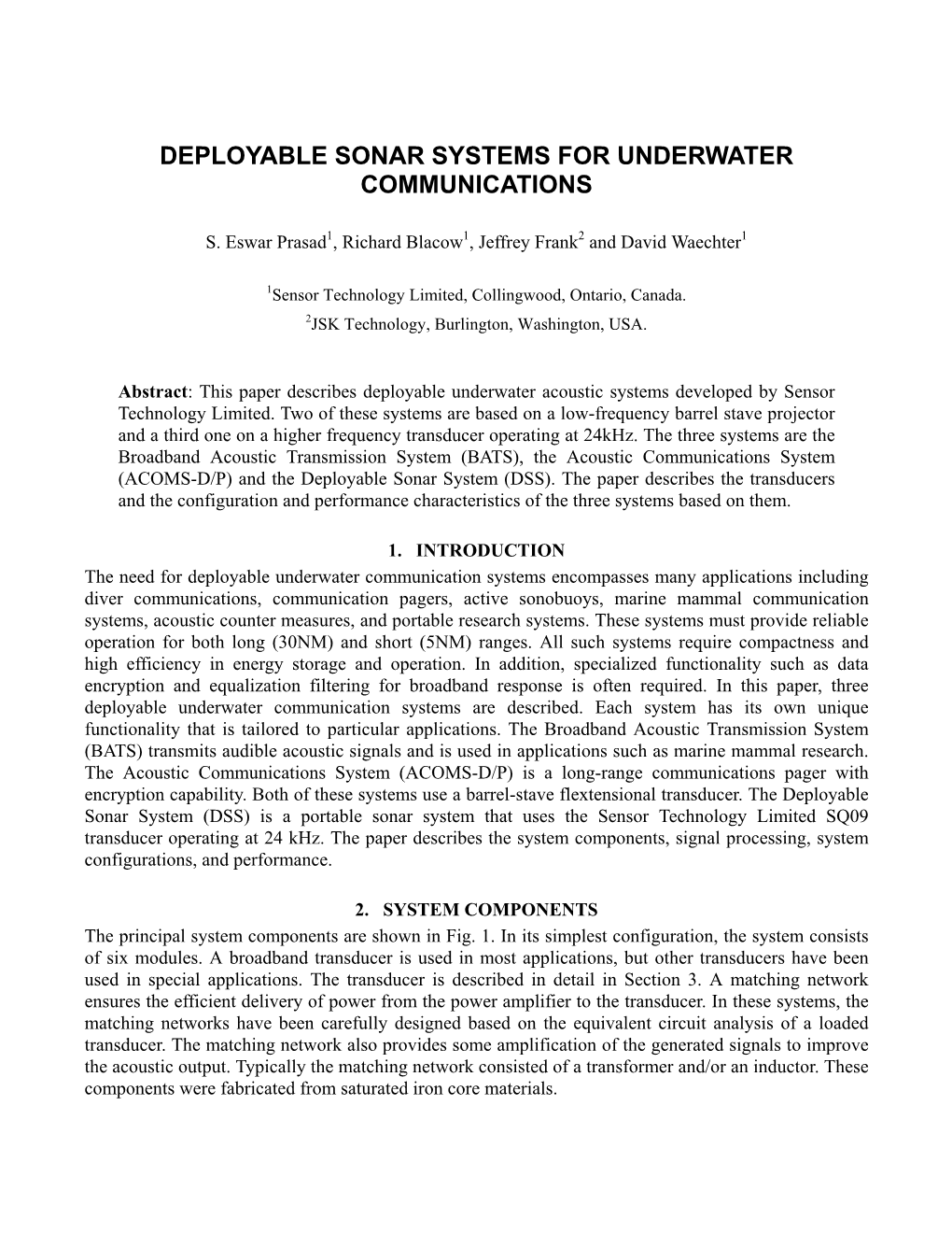 Deployable Sonar Systems for Underwater Communications