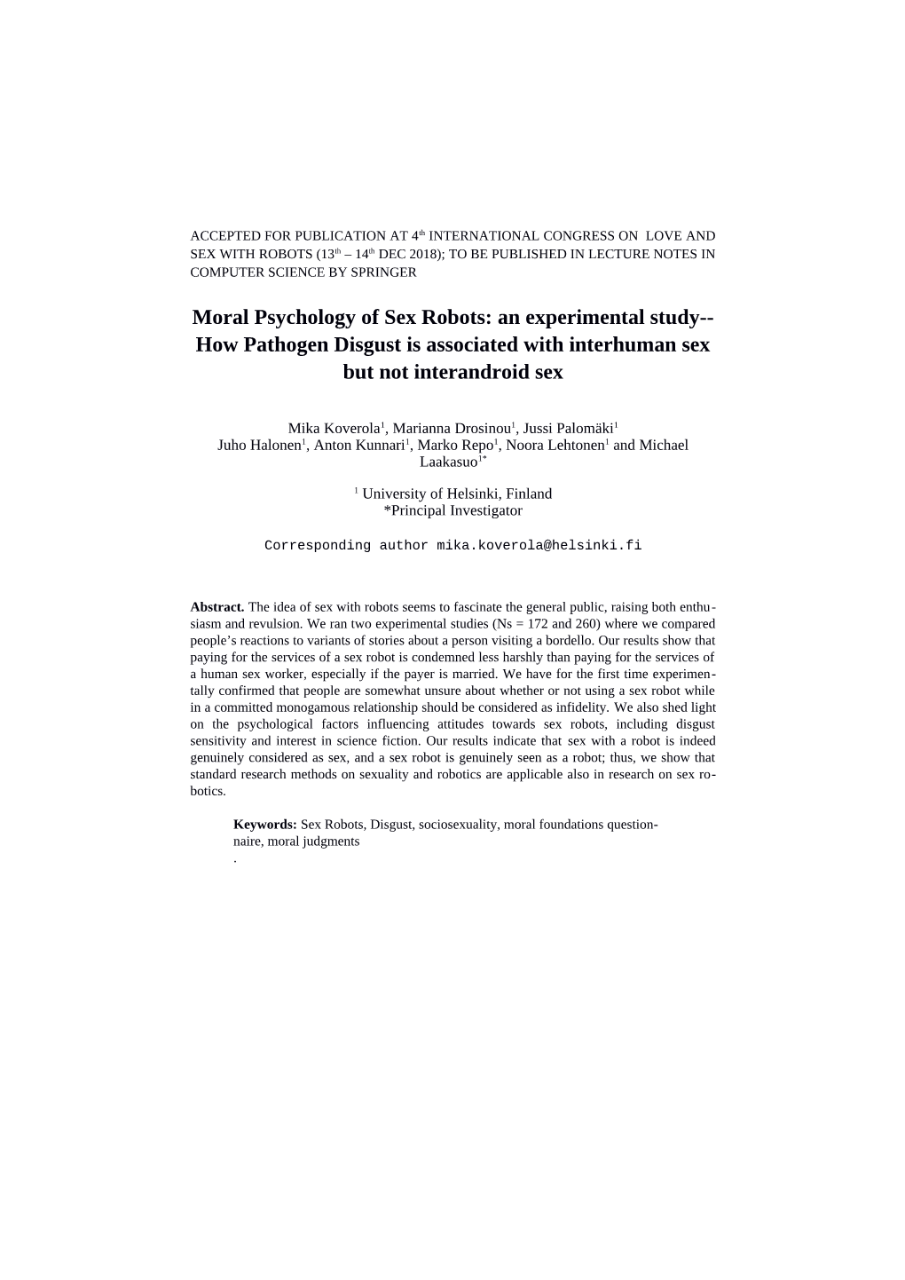 Moral Psychology of Sex Robots: an Experimental Study-- How Pathogen Disgust Is Associated with Interhuman Sex but Not Interandroid Sex