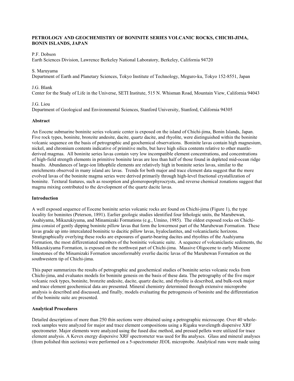 Petrology and Geochemistry of Boninite Series Volcanic Rocks, Chichi-Jima, Bonin Islands, Japan