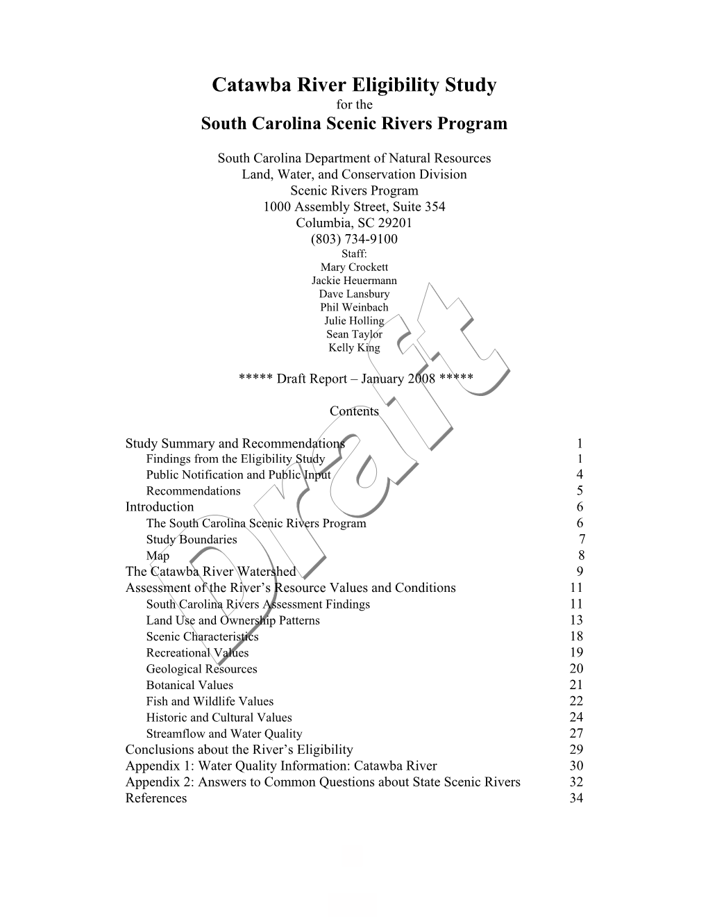 Catawba River Eligibility Study for the South Carolina Scenic Rivers Program