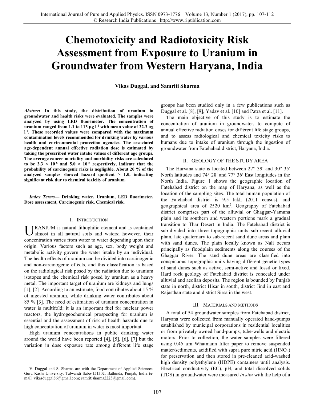 Chemotoxicity and Radiotoxicity Risk Assessment from Exposure to Uranium in Groundwater from Western Haryana, India