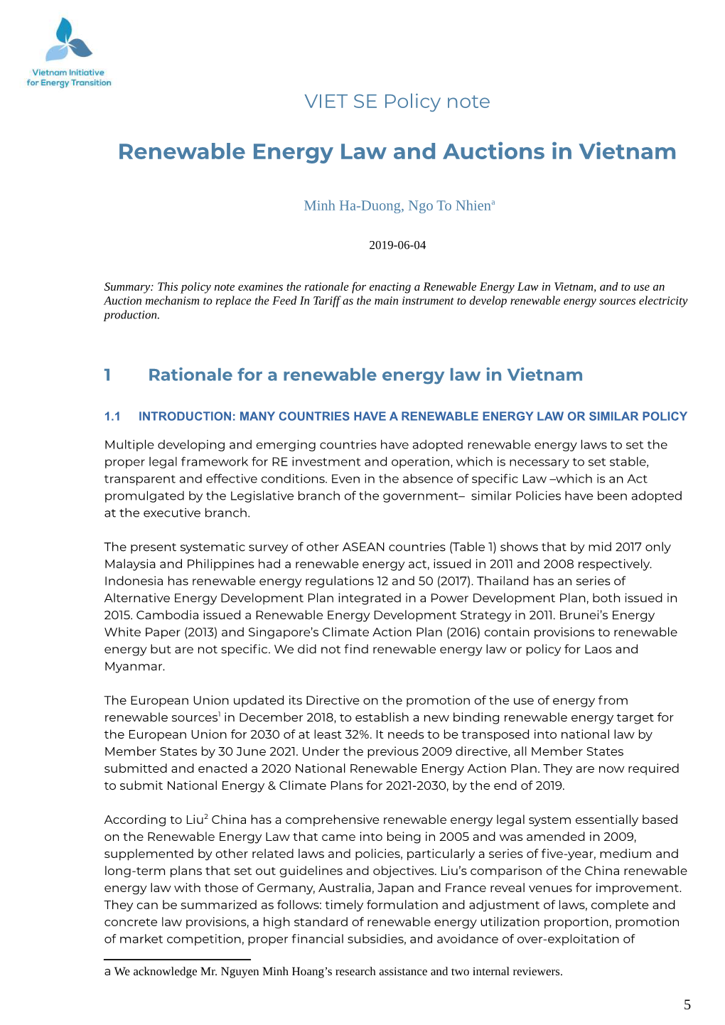 Renewable Energy Law and Auctions in Vietnam