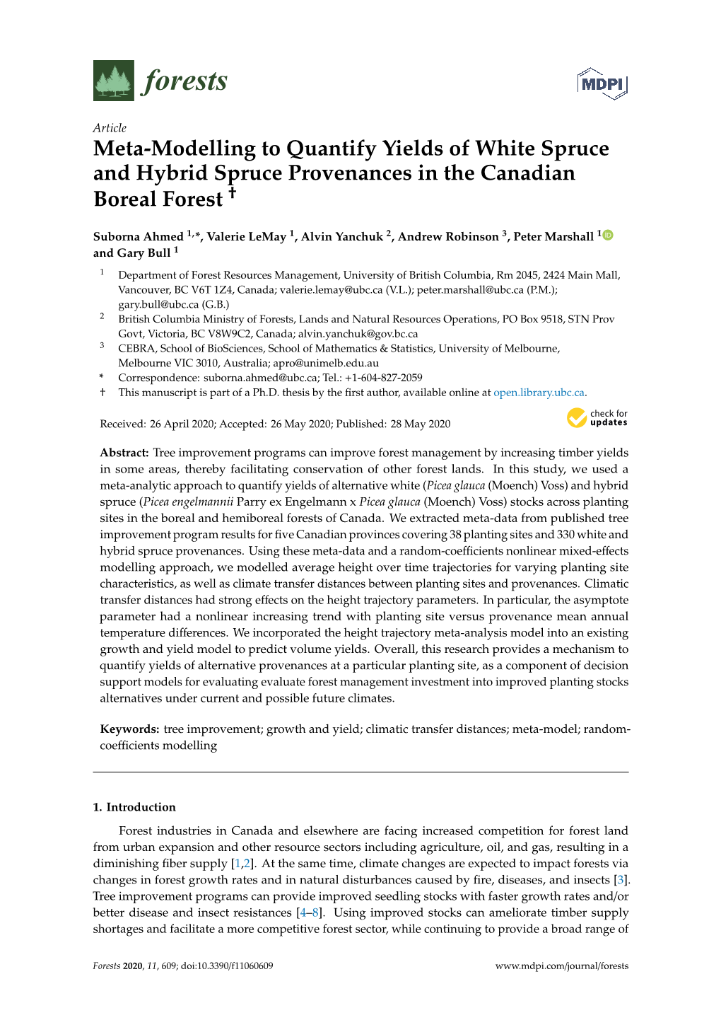 Meta-Modelling to Quantify Yields of White Spruce and Hybrid Spruce Provenances in the Canadian † Boreal Forest