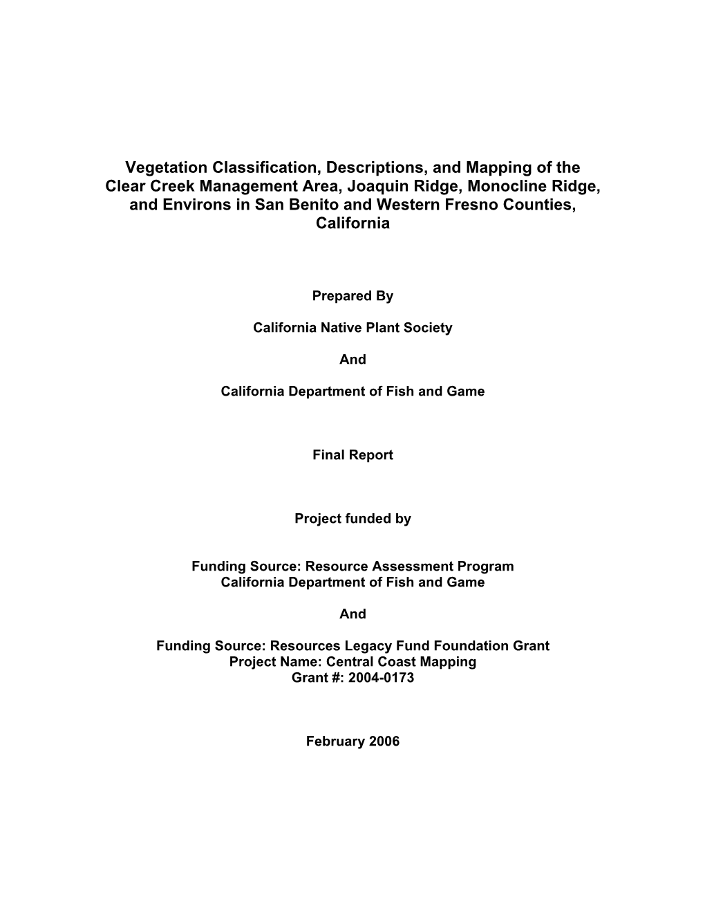 Vegetation Classification, Descriptions, and Mapping of The