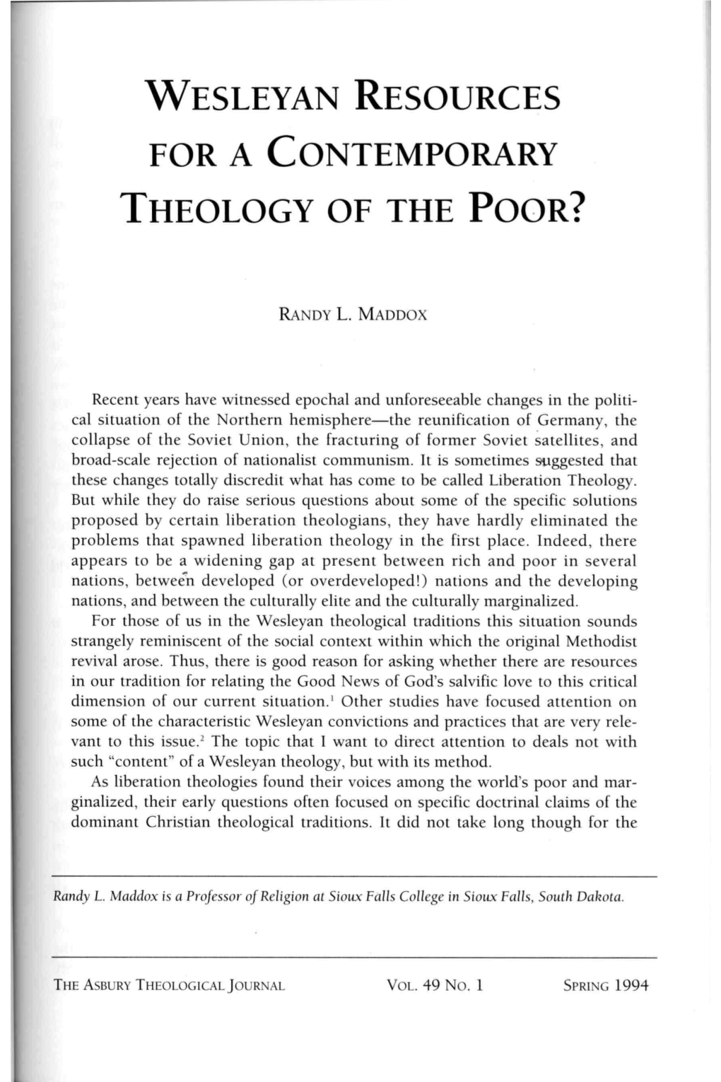 Wesleyan Resources for a Contemporary Theology of the Poor?