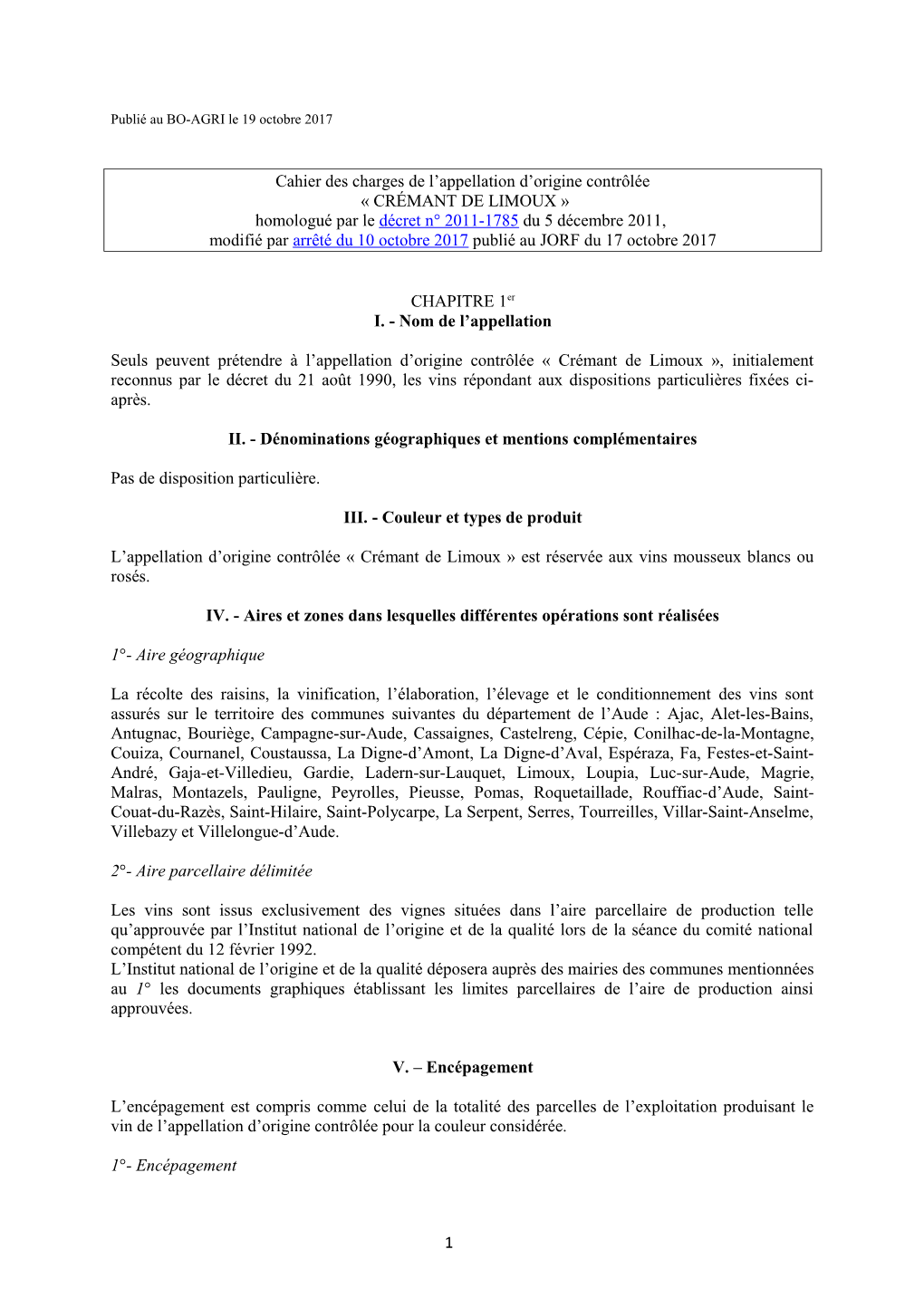 Cahier Des Charges De L'appellation D'origine Contrôlée Crémant De