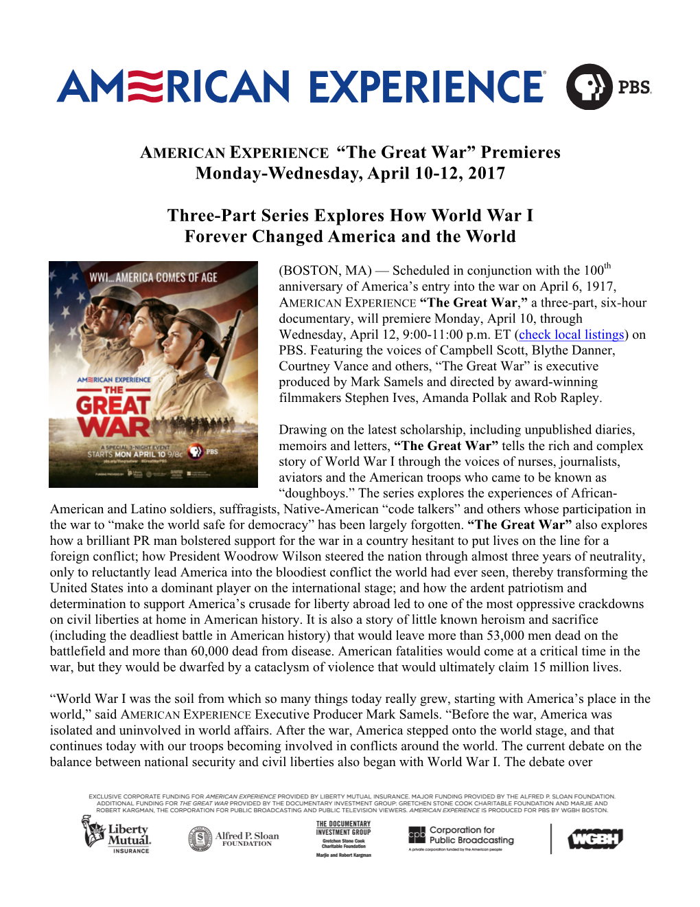 AMERICAN EXPERIENCE “The Great War” Premieres Monday-Wednesday, April 10-12, 2017