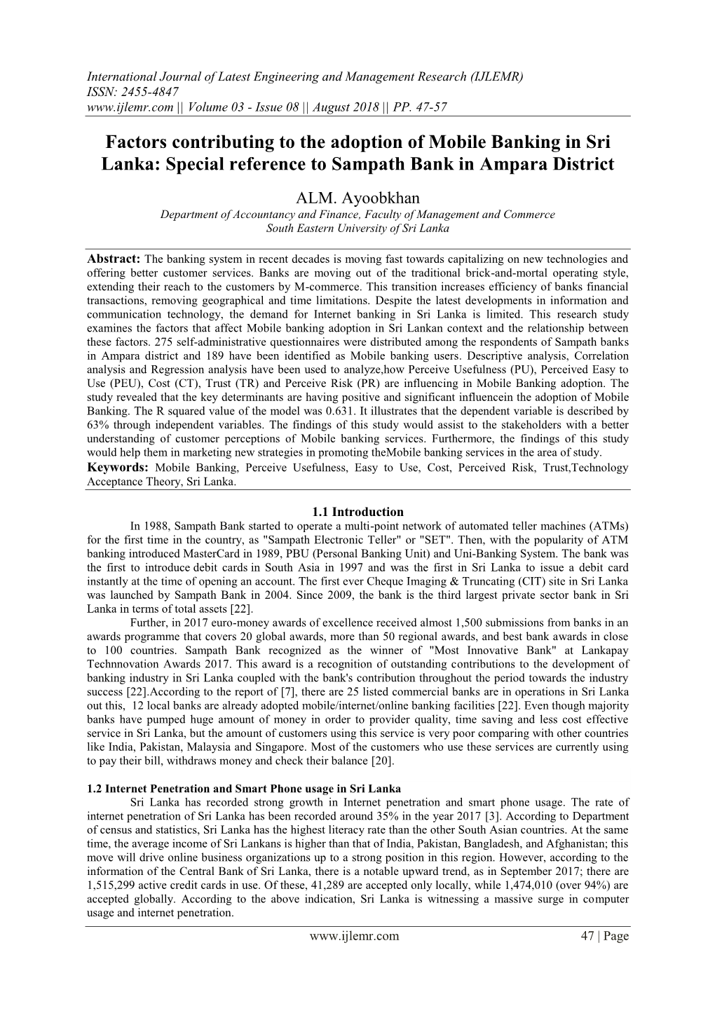 Factors Contributing to the Adoption of Mobile Banking in Sri Lanka: Special Reference to Sampath Bank in Ampara District