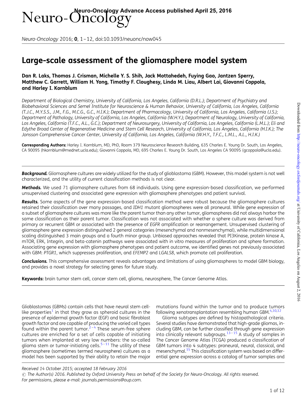 Large-Scale Assessment of the Gliomasphere Model System