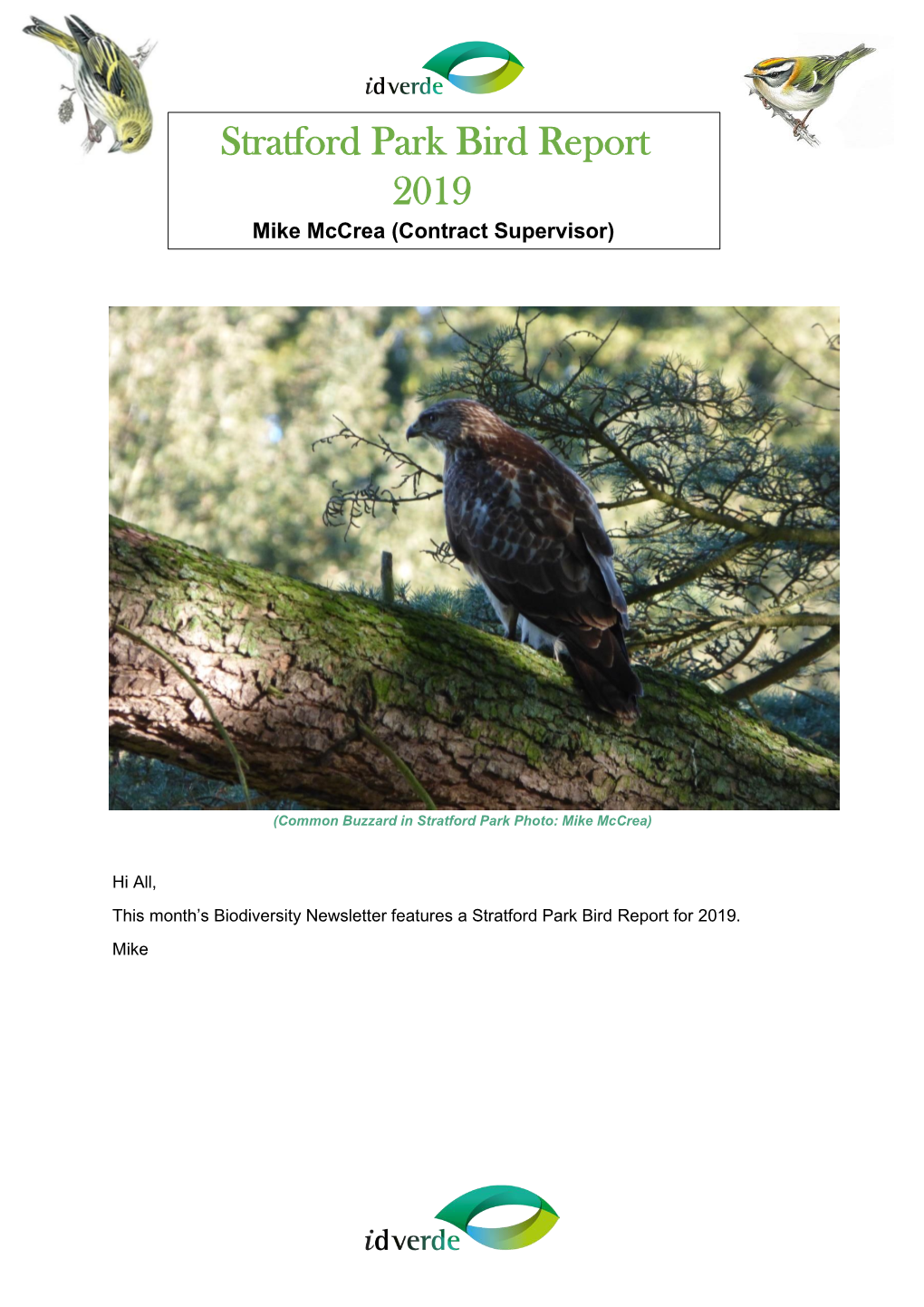 Stratford Park Bird Report 2019 Mike Mccrea (Contract Supervisor)