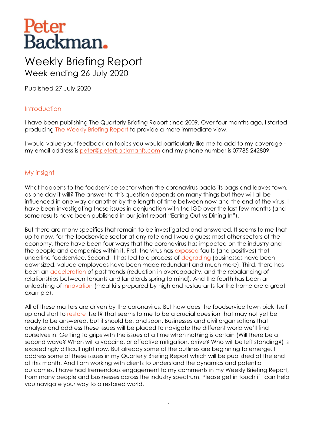 Weekly Briefing Report Week Ending 26 July 2020