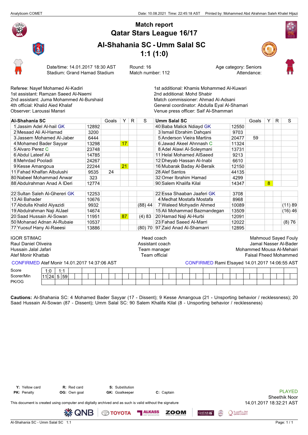 Qatar Stars League 16/17 Al-Shahania SC 1:1 (1:0) Umm