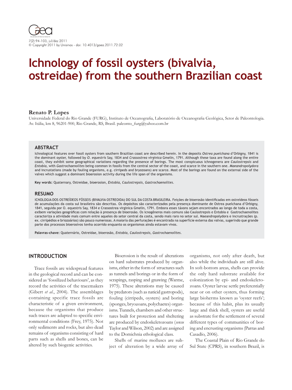 Ichnology of Fossil Oysters (Bivalvia, Ostreidae) from the Southern Brazilian Coast