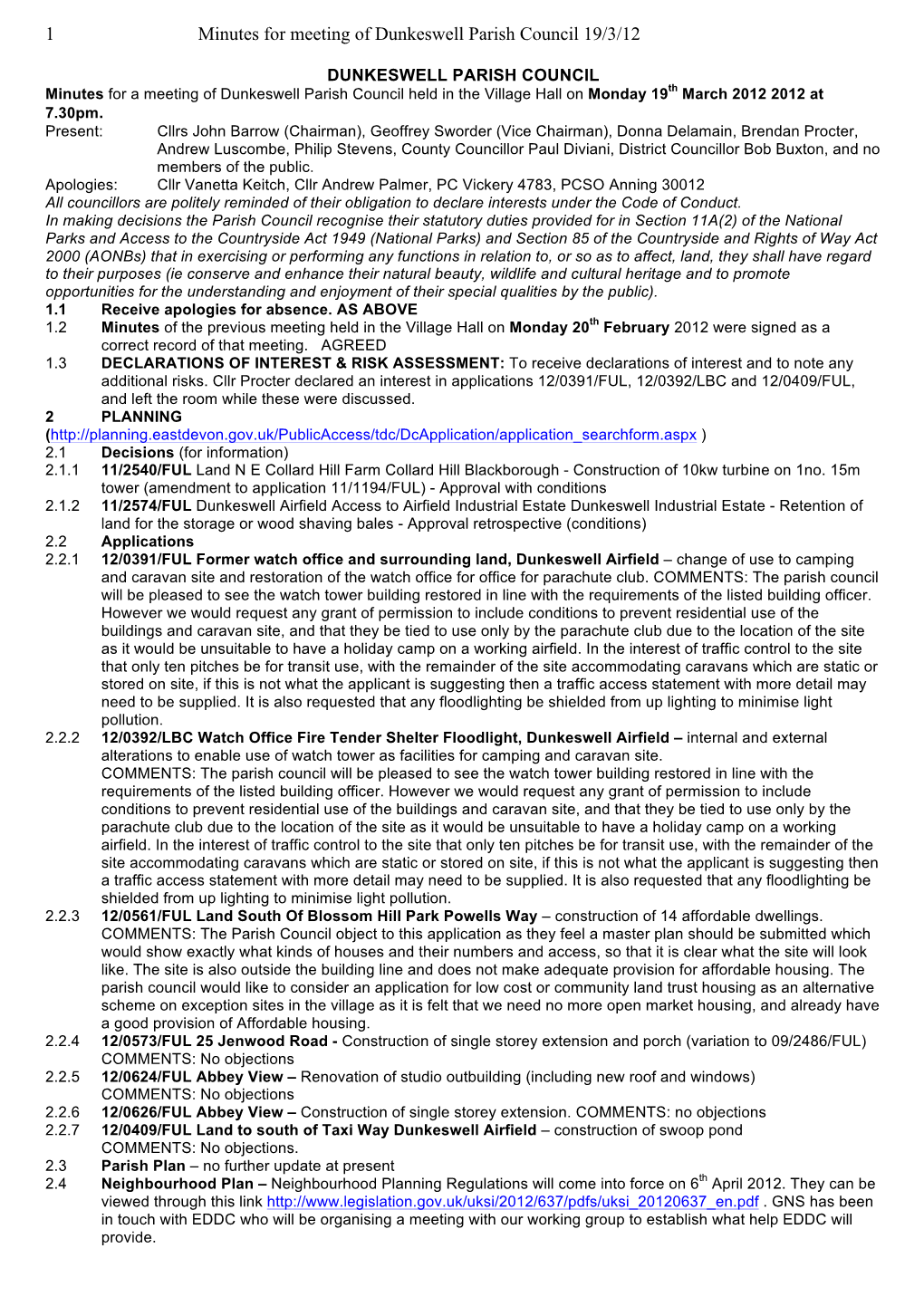 1 Minutes for Meeting of Dunkeswell Parish Council 19/3/12