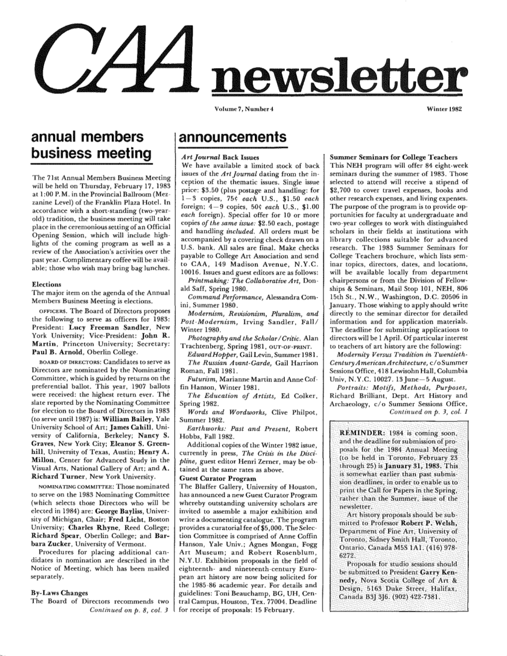 Winter 1982 CAA Newsletter