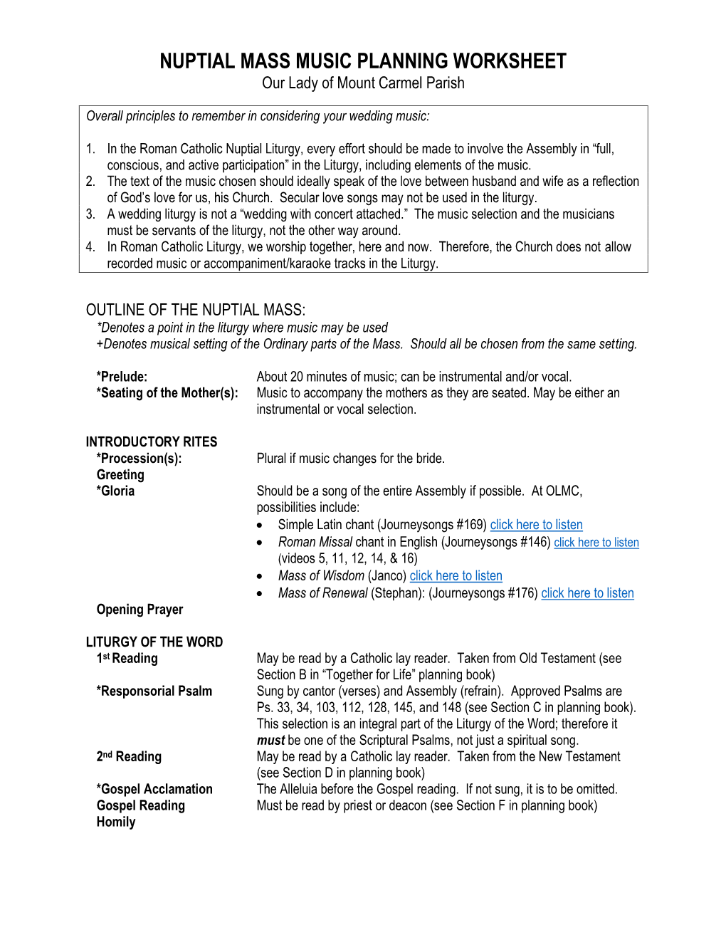 NUPTIAL MASS MUSIC PLANNING WORKSHEET Our Lady of Mount Carmel Parish