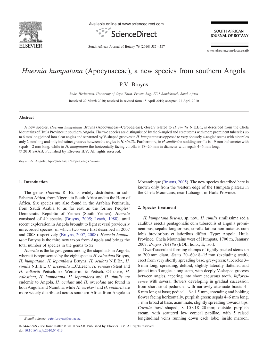 Huernia Humpatana (Apocynaceae), a New Species from Southern Angola