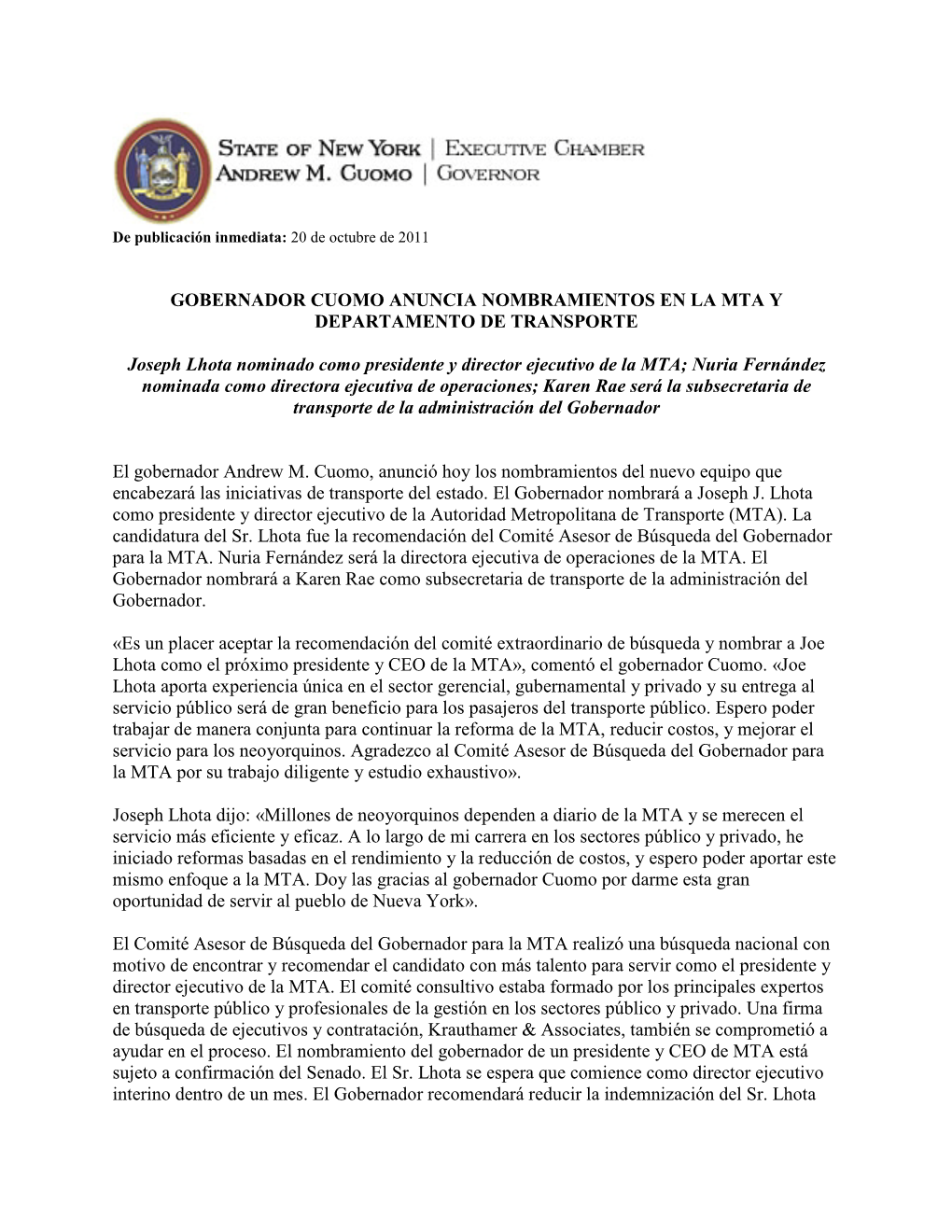 Gobernador Cuomo Anuncia Nombramientos En La Mta Y Departamento De Transporte