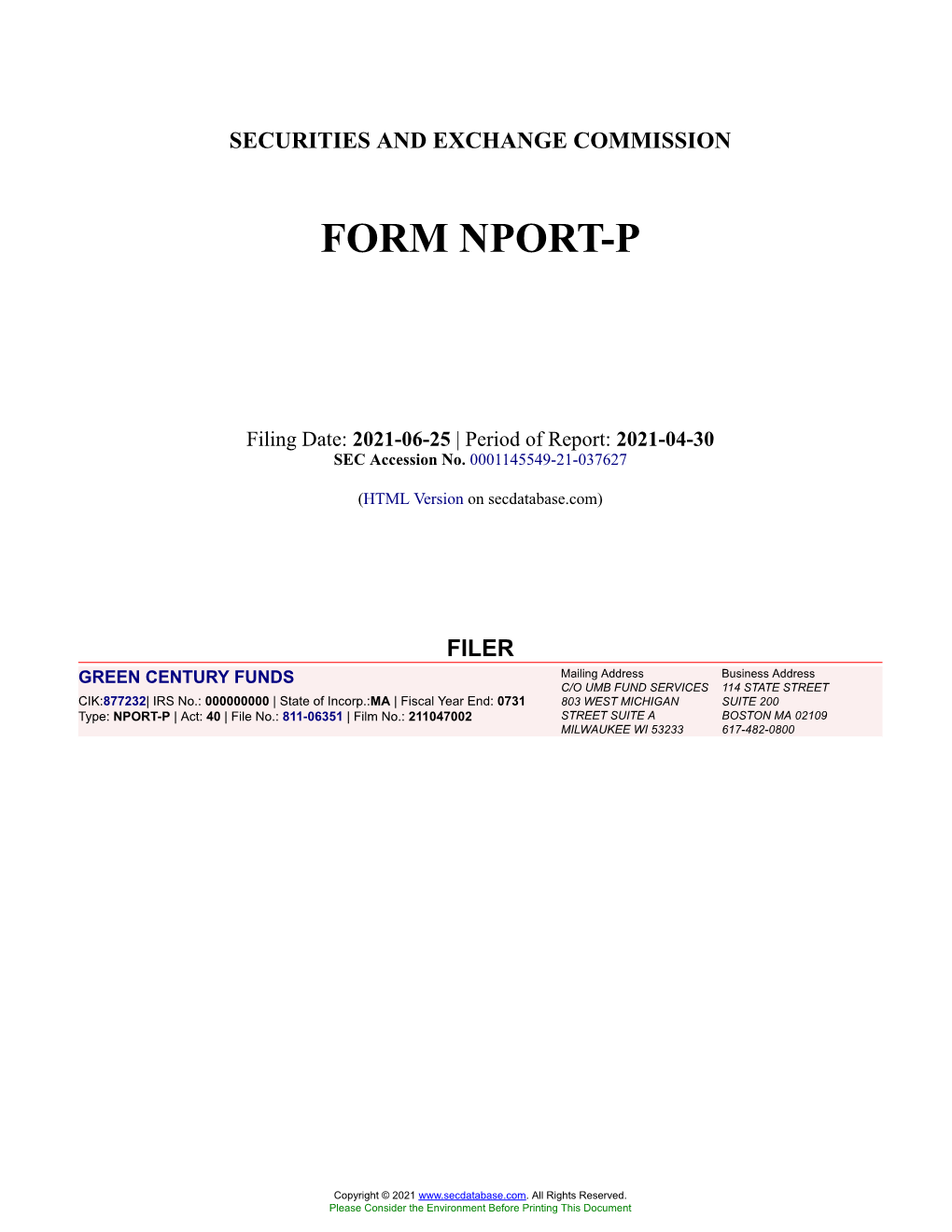 GREEN CENTURY FUNDS Form NPORT-P Filed 2021-06-25