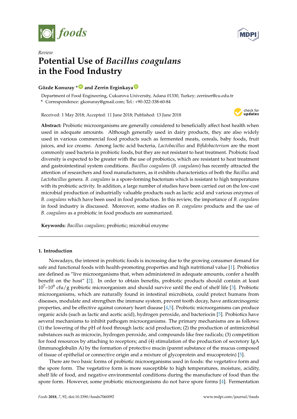 Potential Use of Bacillus Coagulans in the Food Industry