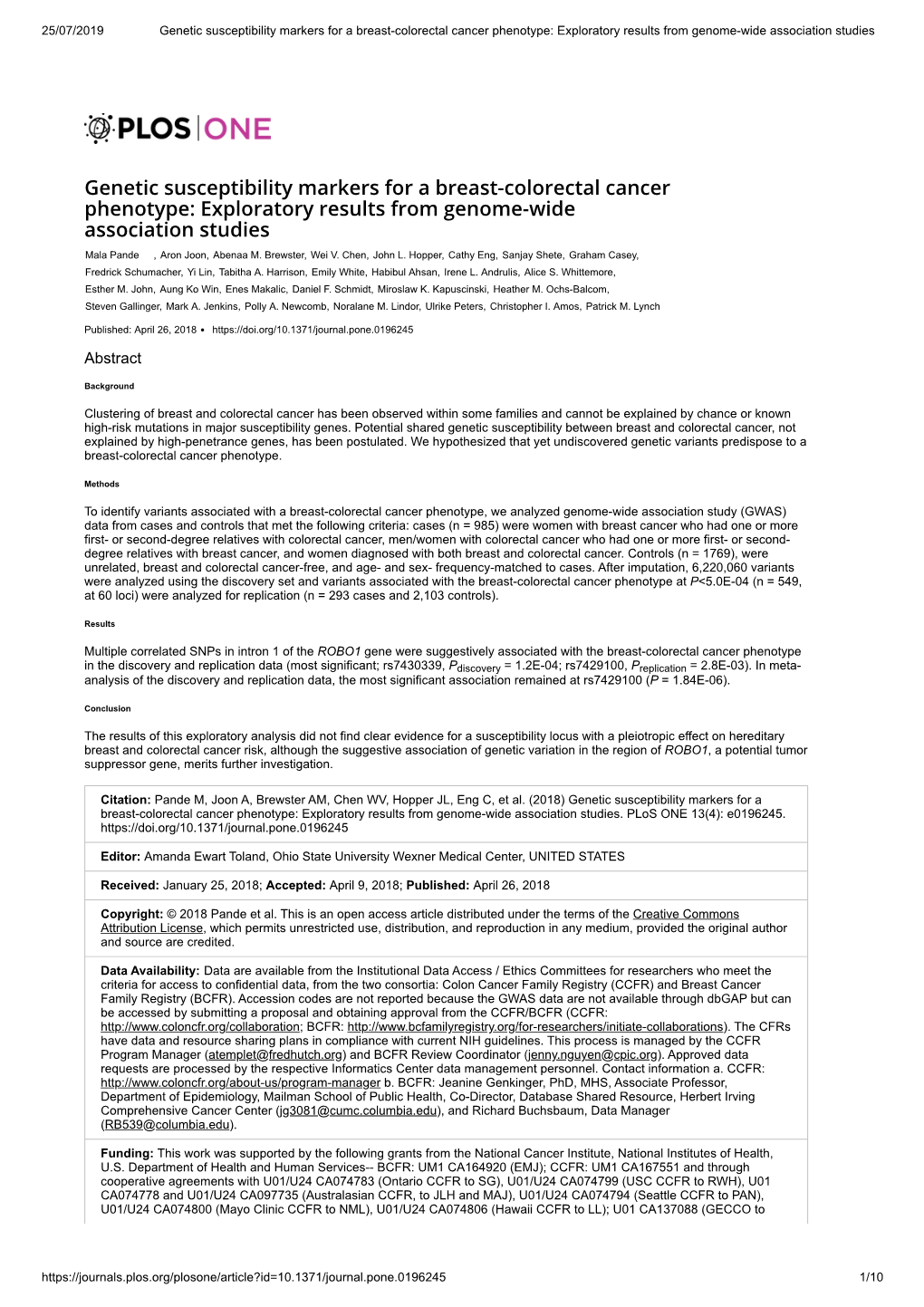 Genetic Susceptibility Markers for a Breast-Colorectal Cancer Phenotype: Exploratory Results from Genome-Wide Association Studies