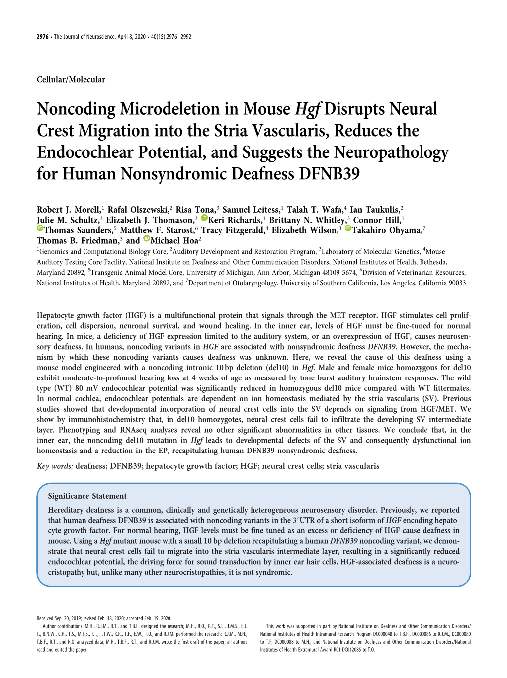 Noncoding Microdeletion in Mouse Hgf Disrupts Neural Crest Migration Into the Stria Vascularis, Reduces the Endocochlear Potenti