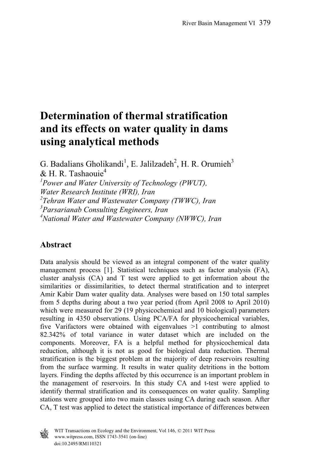 Determination of Thermal Stratification and Its Effects on Water Quality in Dams Using Analytical Methods