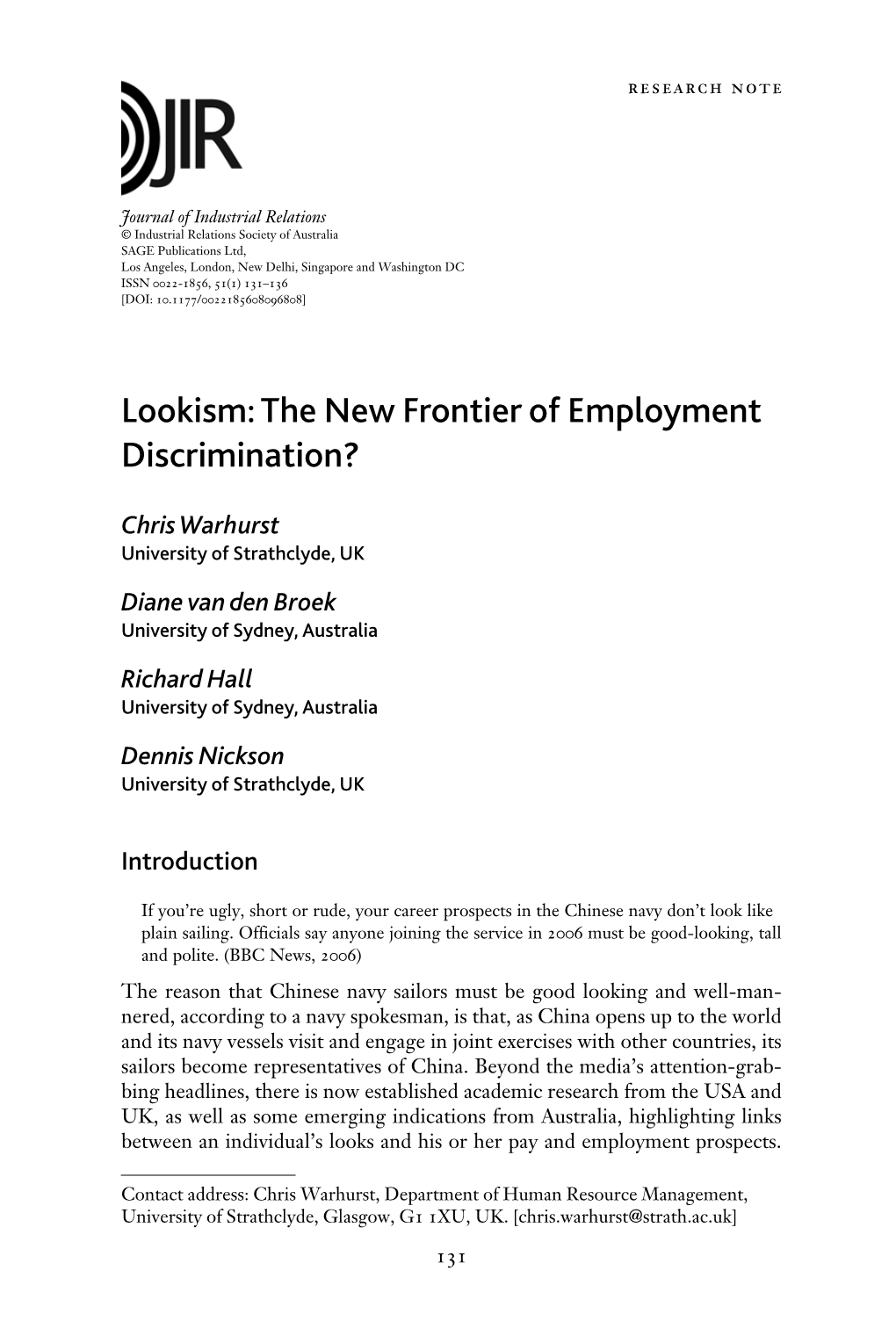 Lookism: the New Frontier of Employment Discrimination?