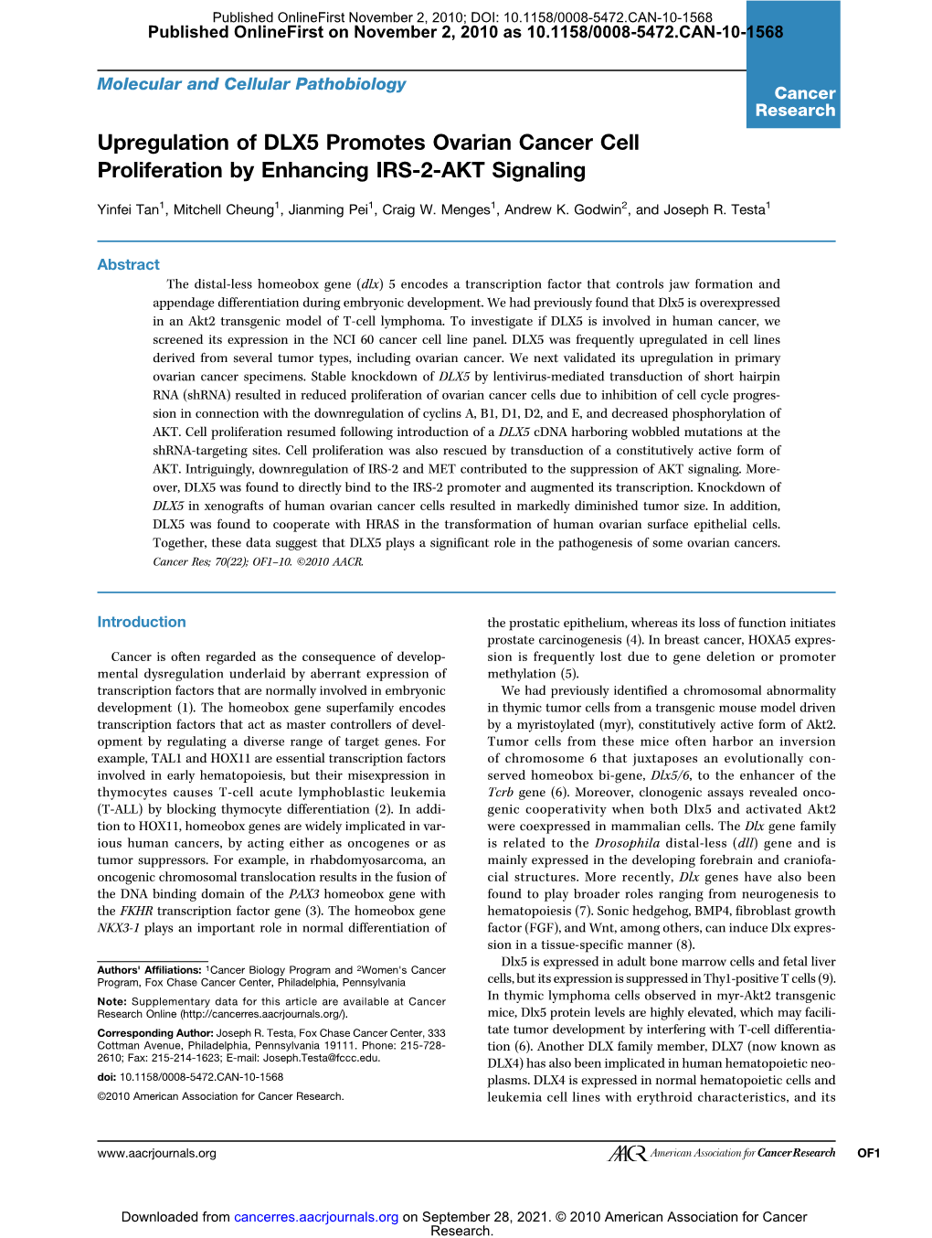 Upregulation of DLX5 Promotes Ovarian Cancer Cell Proliferation by Enhancing IRS-2-AKT Signaling