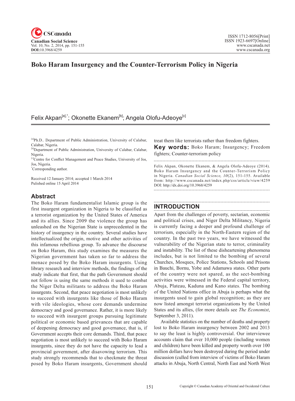 Boko Haram Insurgency and the Counter-Terrorism Policy in Nigeria