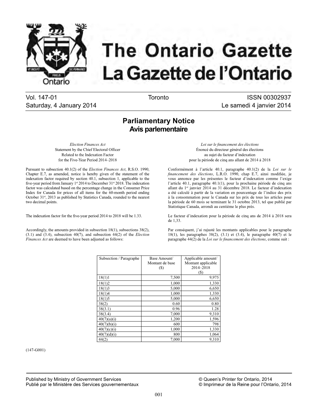 Ontario Gazette Volume 147 Issue 01, La Gazette De L'ontario Volume 147