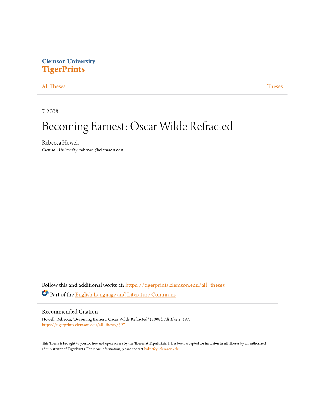 Oscar Wilde Refracted Rebecca Howell Clemson University, Rahowel@Clemson.Edu