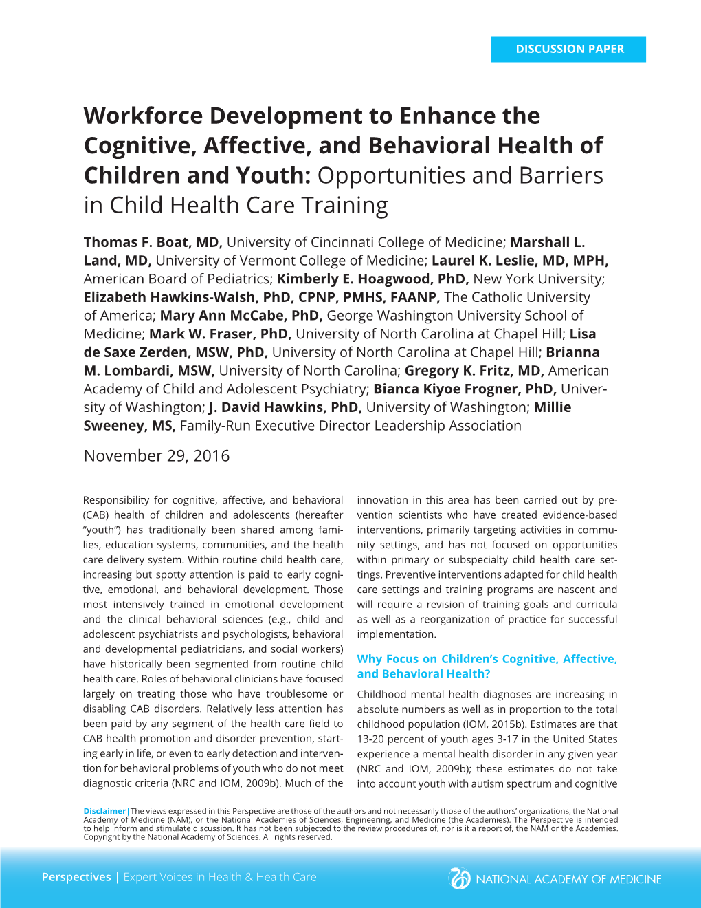 Workforce Development to Enhance the Cognitive, Affective, and Behavioral Health of Children and Youth: Opportunities and Barriers in Child Health Care Training