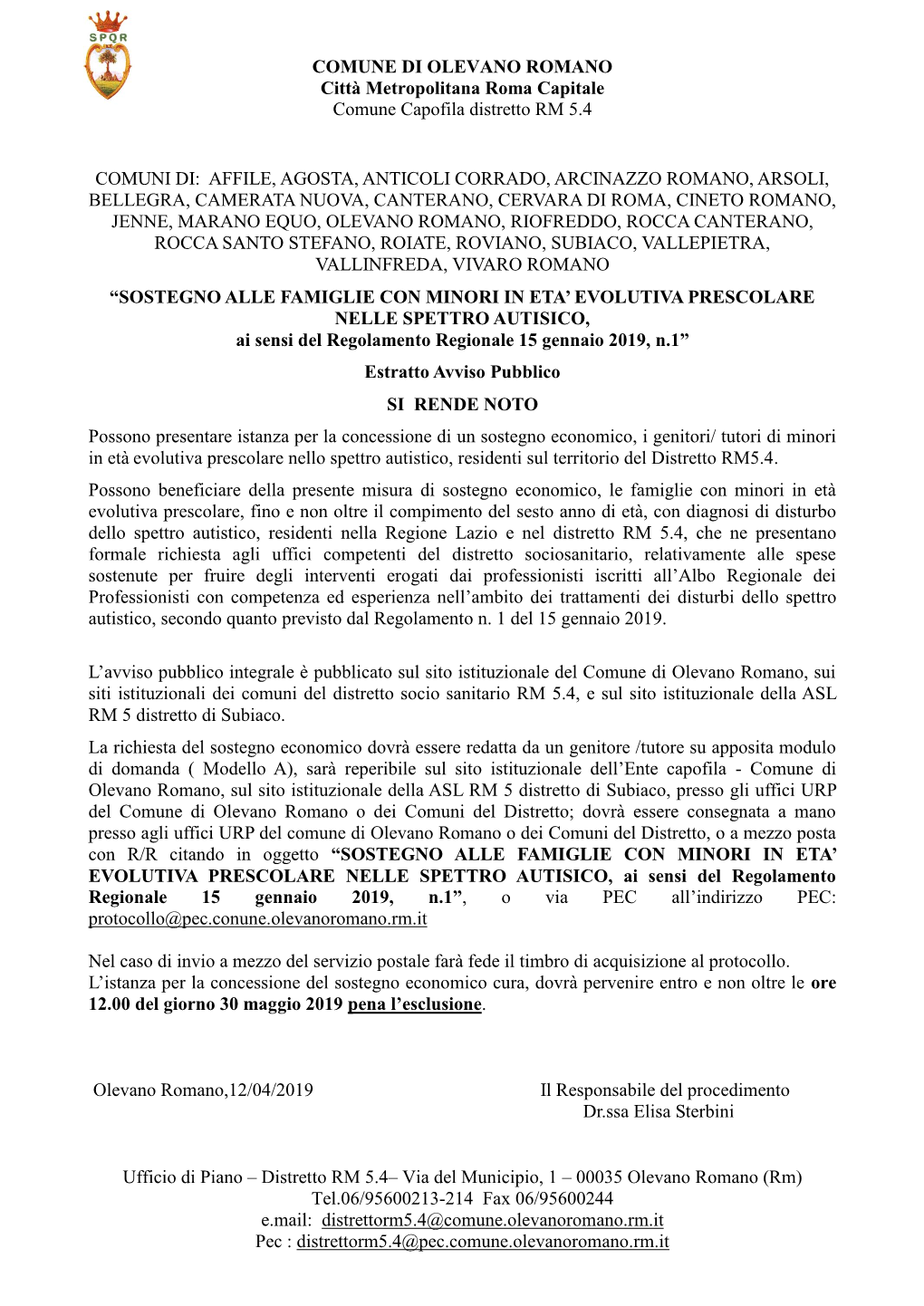 COMUNE DI OLEVANO ROMANO Città Metropolitana Roma Capitale Comune Capofila Distretto RM 5.4