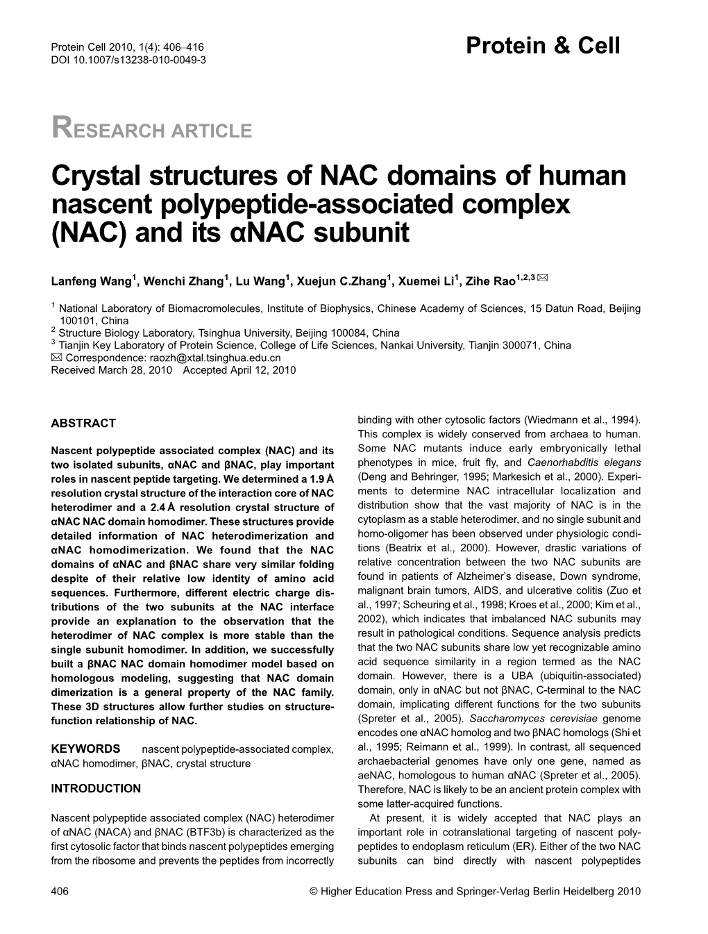 Crystal Structures of NAC Domains of Human Nascent Polypeptide-Associated Complex (NAC) and Its Αnac Subunit