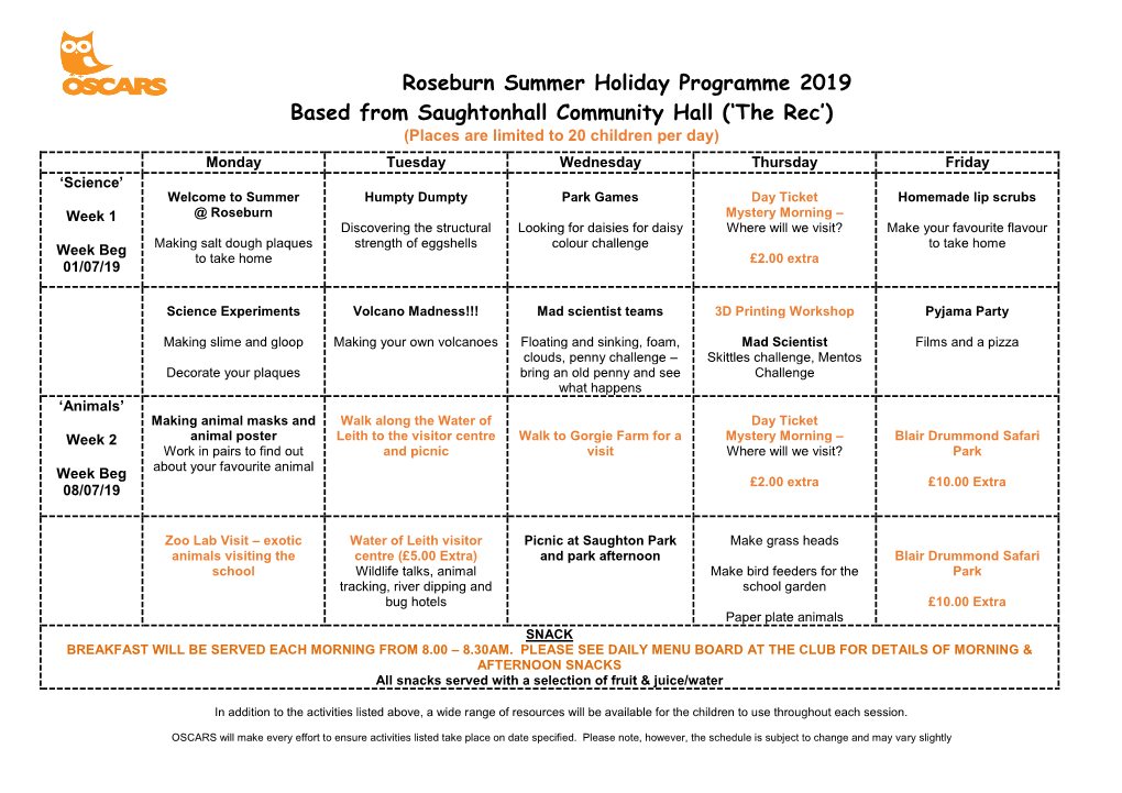 Roseburn Summer Holiday Programme 2019