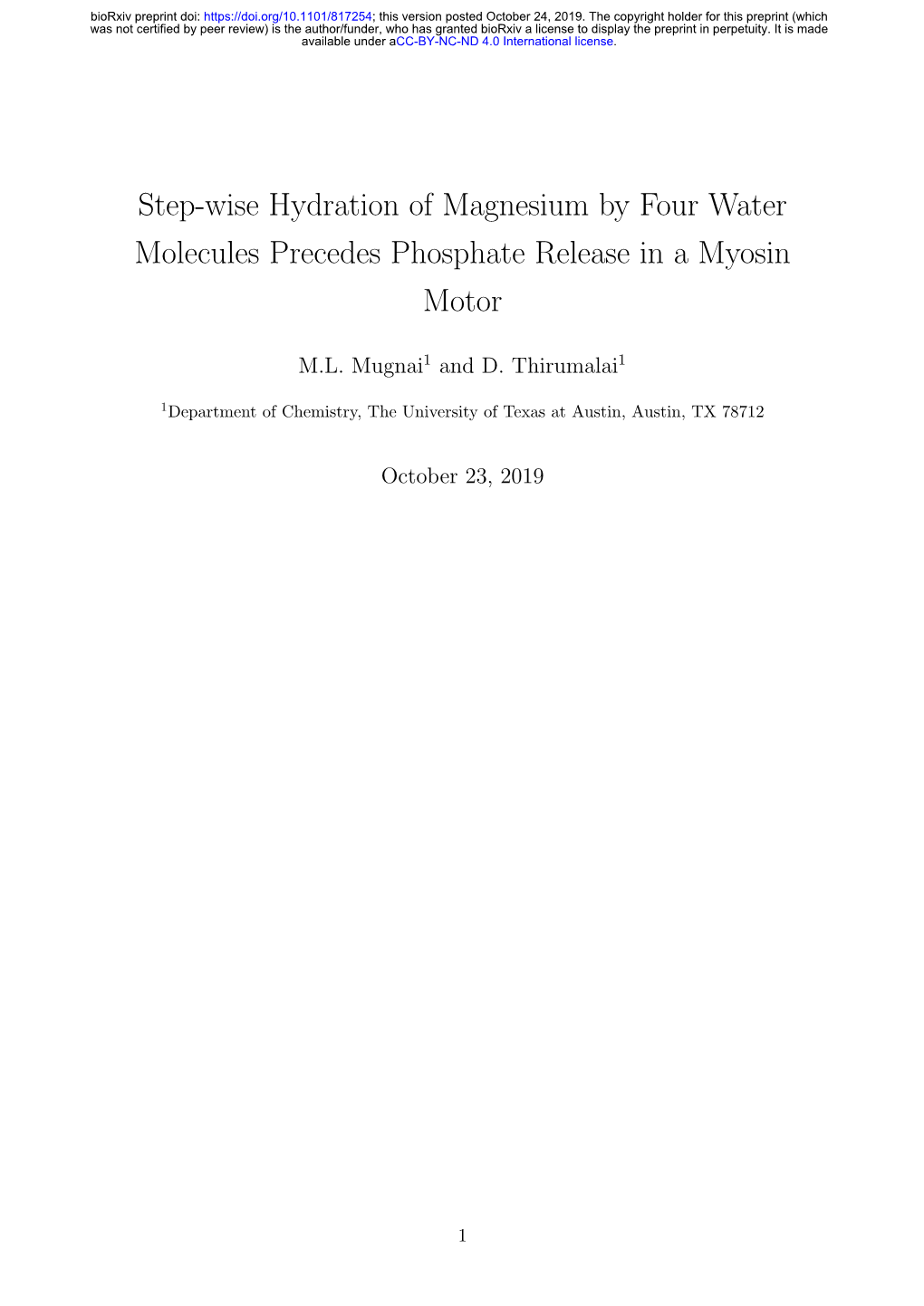 Step-Wise Hydration of Magnesium by Four Water Molecules Precedes Phosphate Release in a Myosin Motor