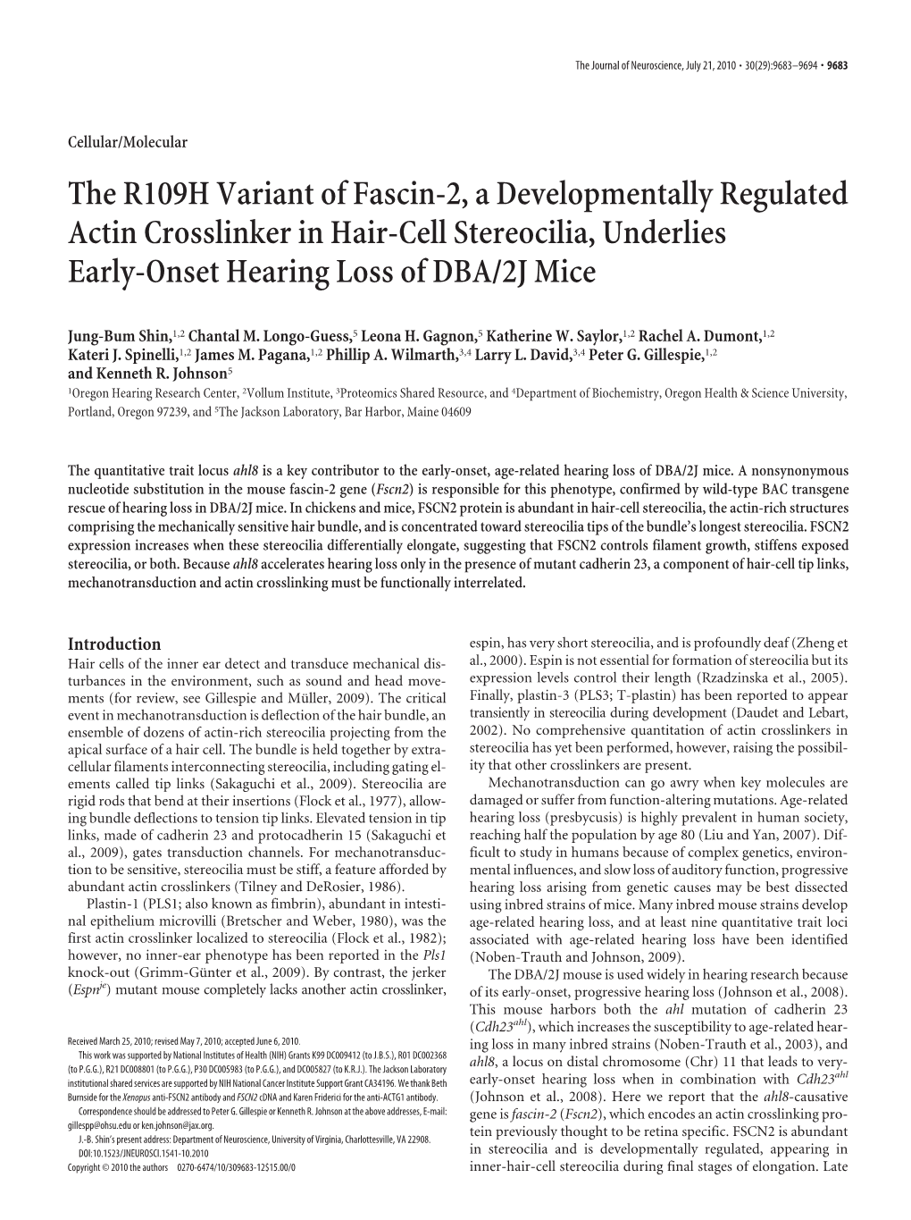 The R109H Variant of Fascin-2, a Developmentally Regulated Actin Crosslinker in Hair-Cell Stereocilia, Underlies Early-Onset Hearing Loss of DBA/2J Mice