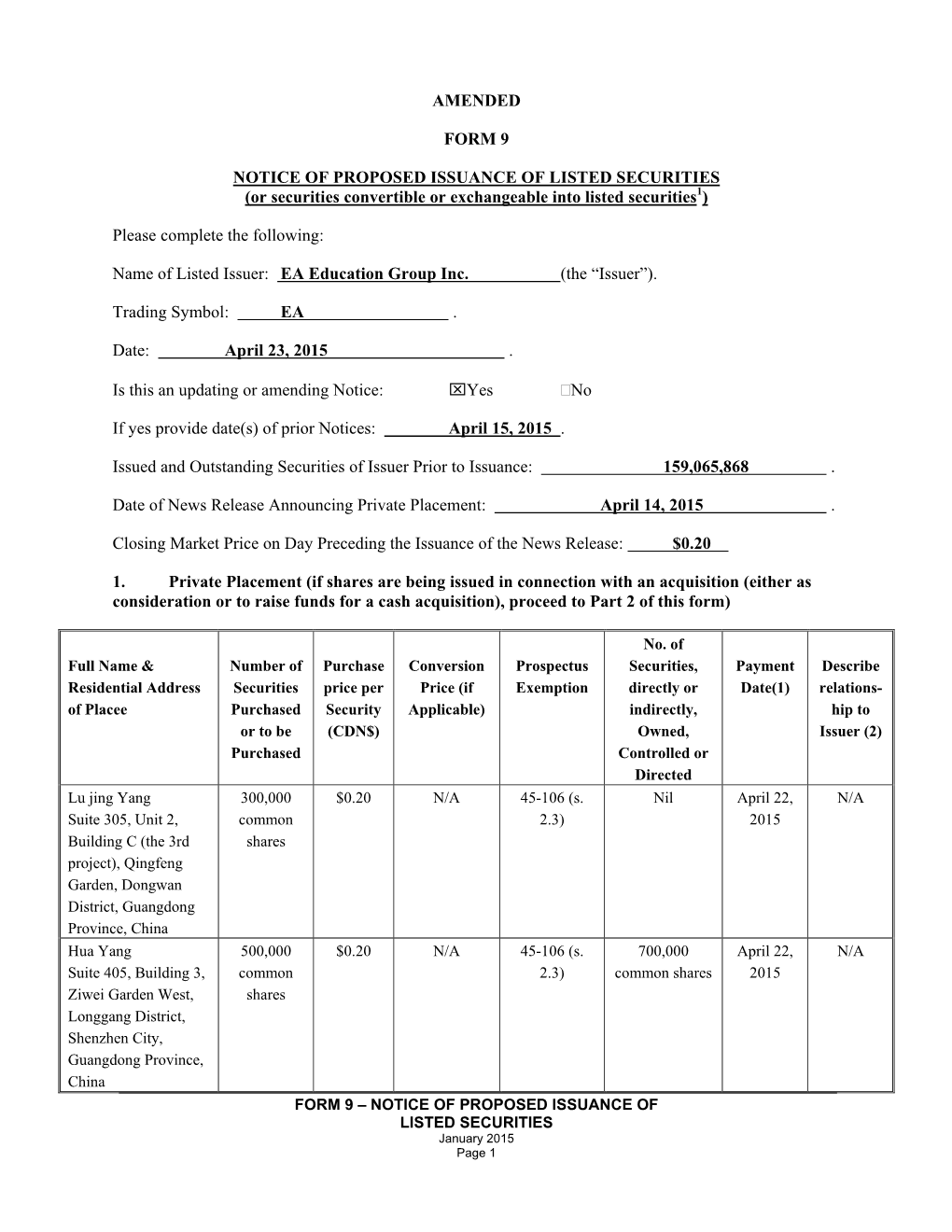 Amended Form 9