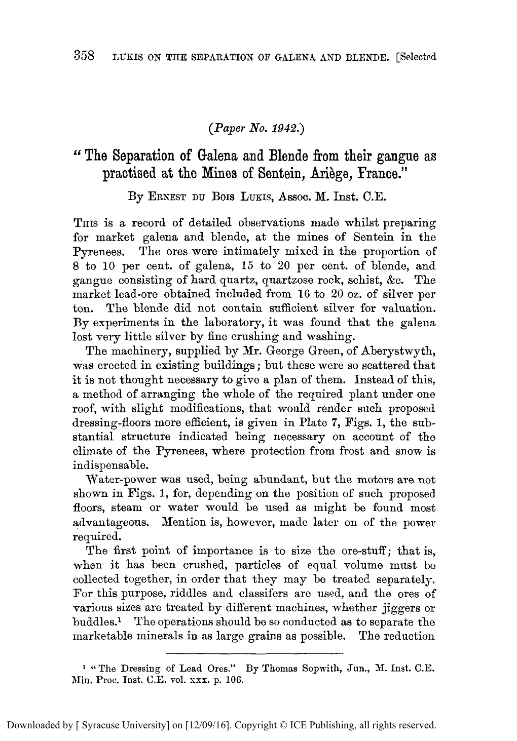 The Separation of Galena and Blende from Their Gangue As Practised at the Mines of Sentein, Ariege, France