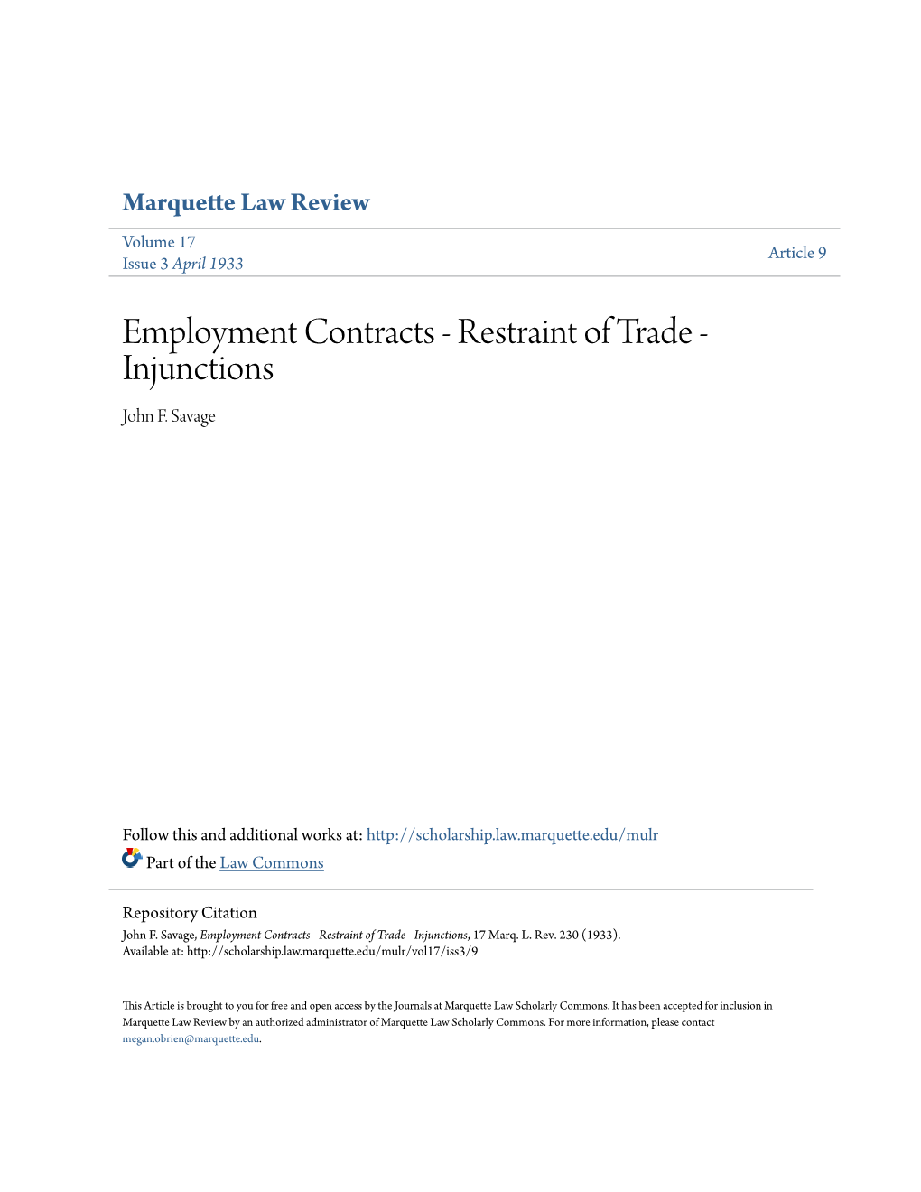 Employment Contracts - Restraint of Trade - Injunctions John F