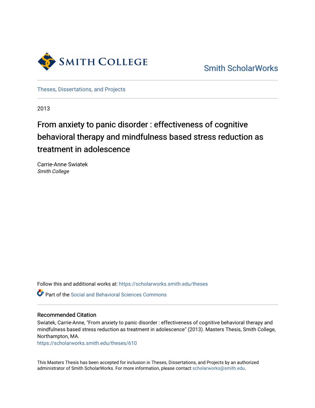 From Anxiety to Panic Disorder : Effectiveness of Cognitive Behavioral Therapy and Mindfulness Based Stress Reduction As Treatment in Adolescence