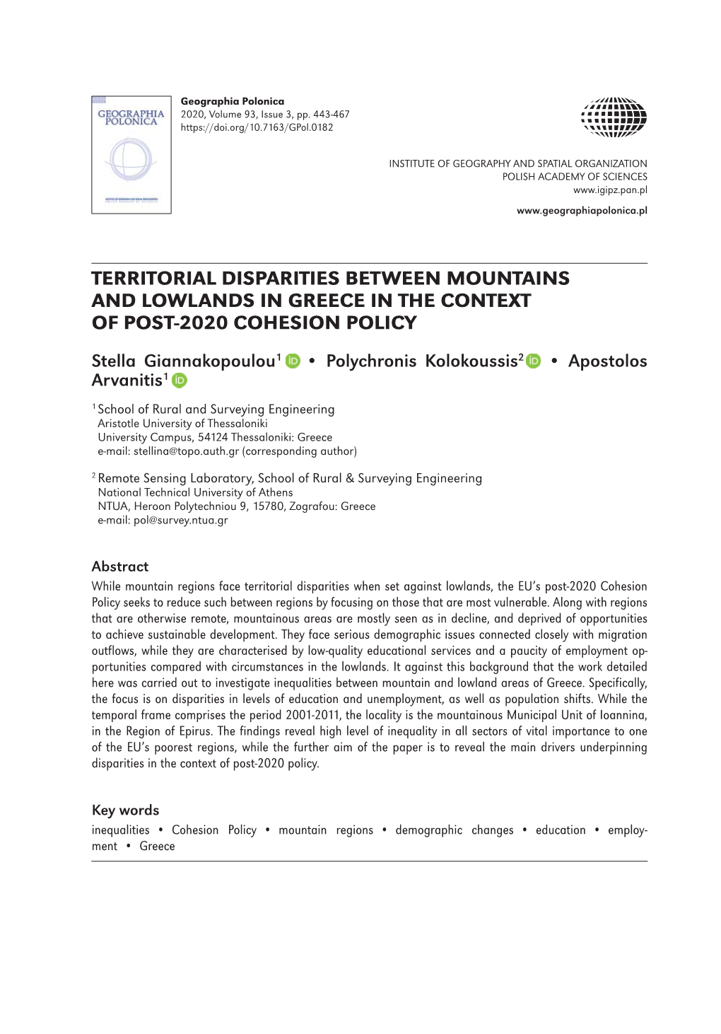 Territorial Disparities Between Mountains and Lowlands in Greece in the Context of Post-2020 Cohesion Policy