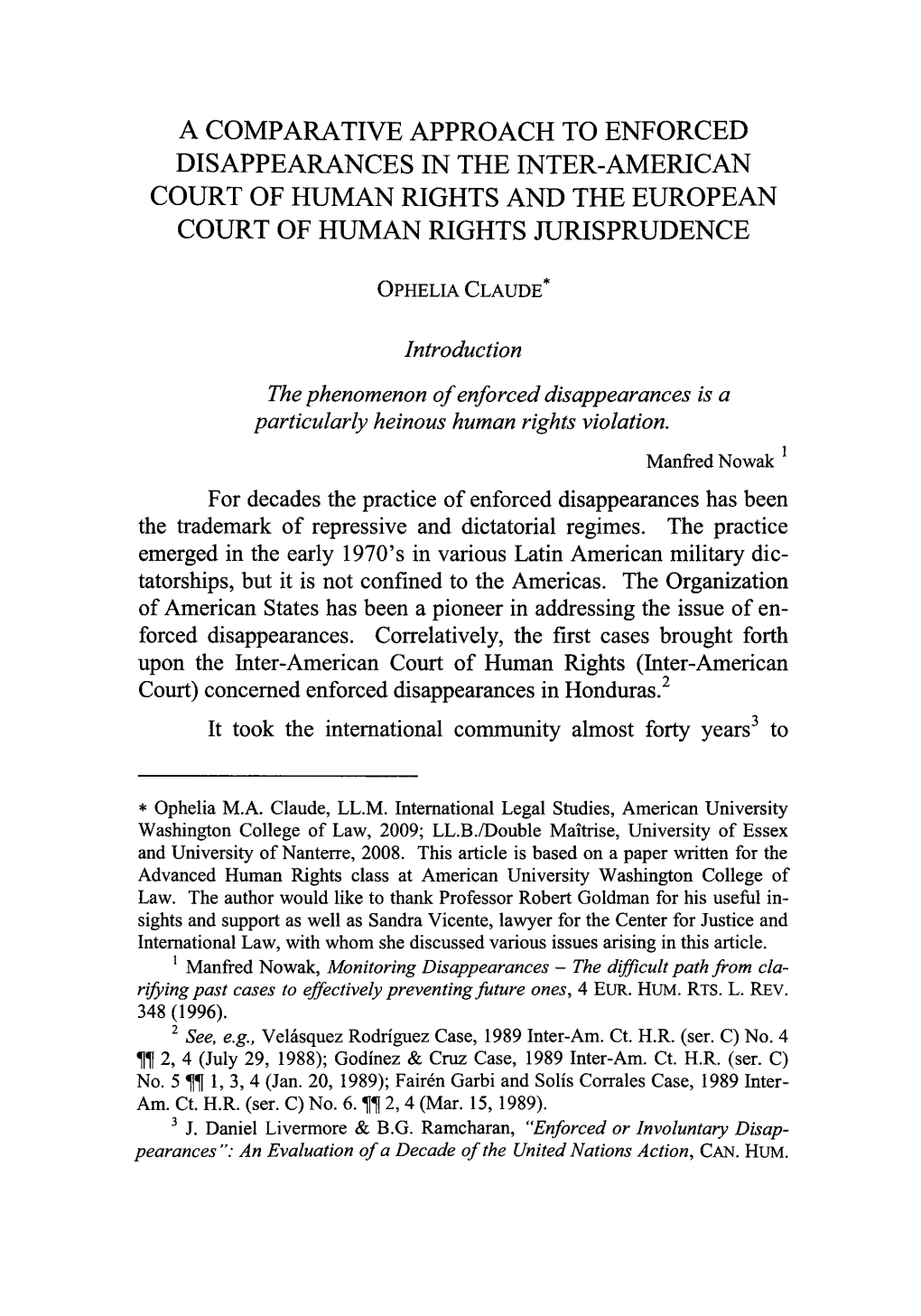 A Comparative Approach to Enforced Disappearances in the Inter-American Court of Human Rights and the European Court of Human Rights Jurisprudence