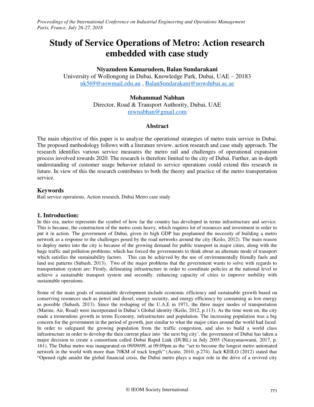 ID 141 Study of Service Operations of Metro: Action Research Embedded