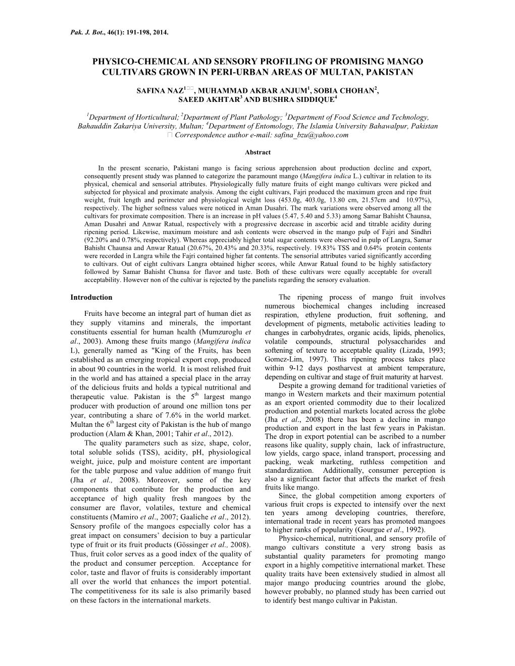 Physico-Chemical and Sensory Profiling of Promising Mango Cultivars Grown in Peri-Urban Areas of Multan, Pakistan