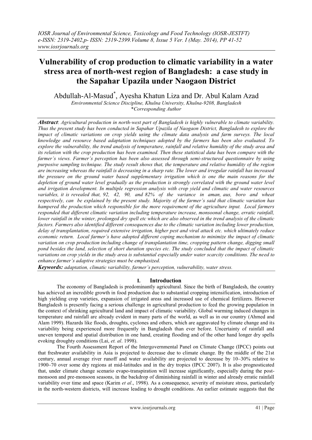 Vulnerability of Crop Production to Climatic Variability In